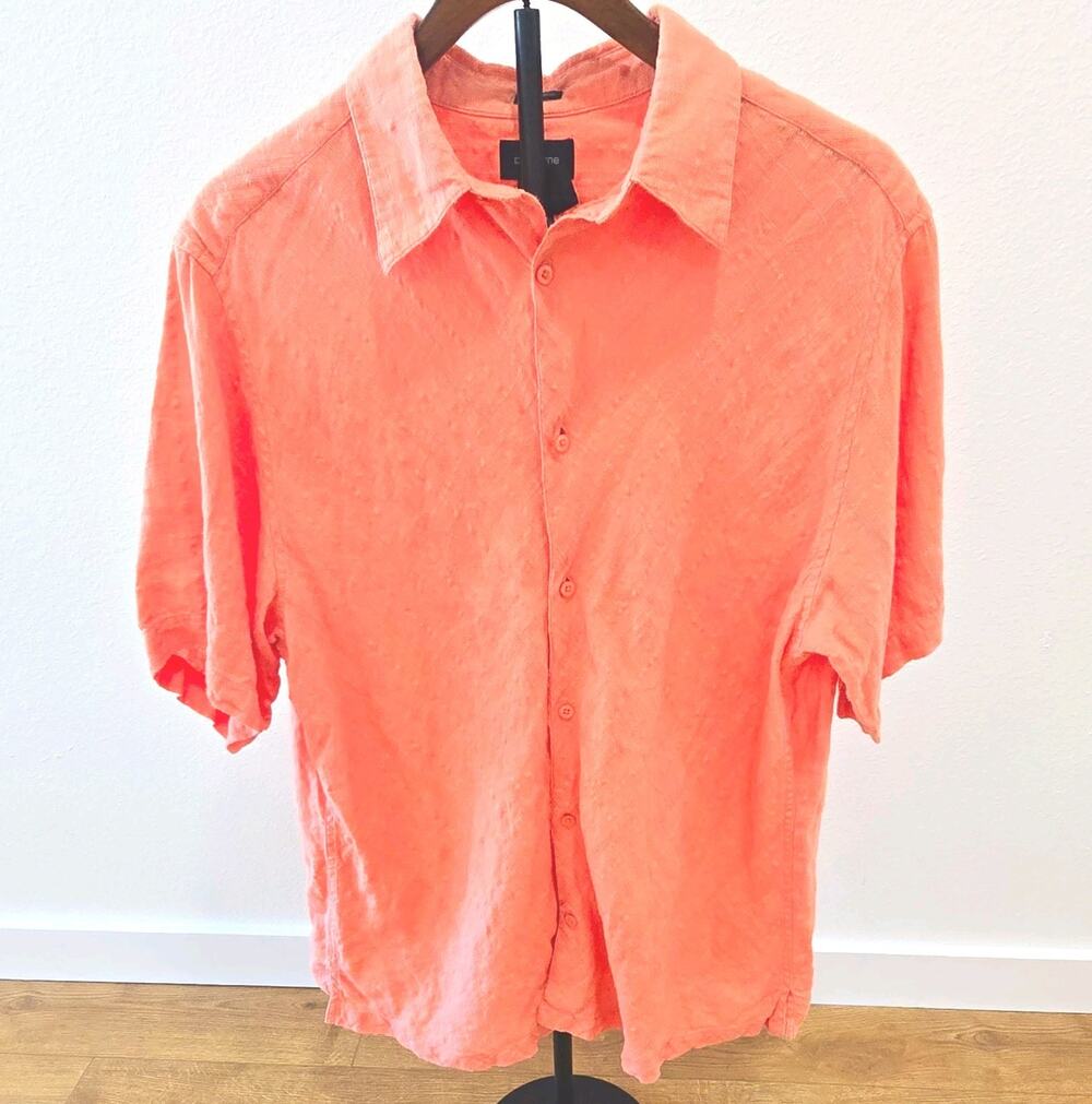 Claiborne Men’s 100% Linen Shirt Coral Pink Short Sleeve Button Up Textured Xl